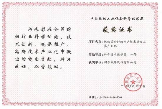 2008年，“間位芳綸纖維生産技術開發及其産業化”獲中國紡織工業協會科學技術進步一等獎。