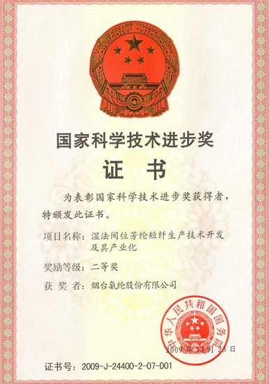 2009年，“濕法間位芳綸短纖生産技術開發及其産業化”項目獲國家科技進步二等獎。