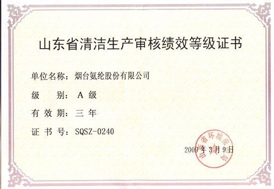 2009年，通過山東省清潔生産審核績效A級證書。